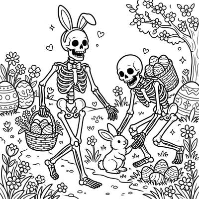 Get ready for an unexpectedly charming Easter with this unique skeleton coloring page! Join our skeletal friends as they celebrate amidst bunnies, eggs, and blooming spring flowers.
