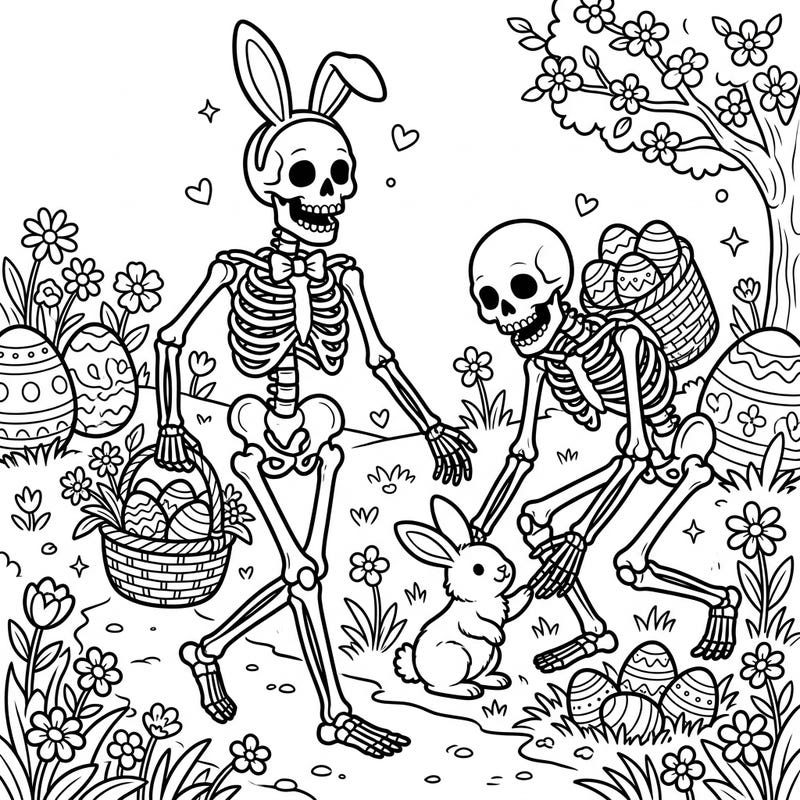 Get ready for an unexpectedly charming Easter with this unique skeleton coloring page! Join our skeletal friends as they celebrate amidst bunnies, eggs, and blooming spring flowers.