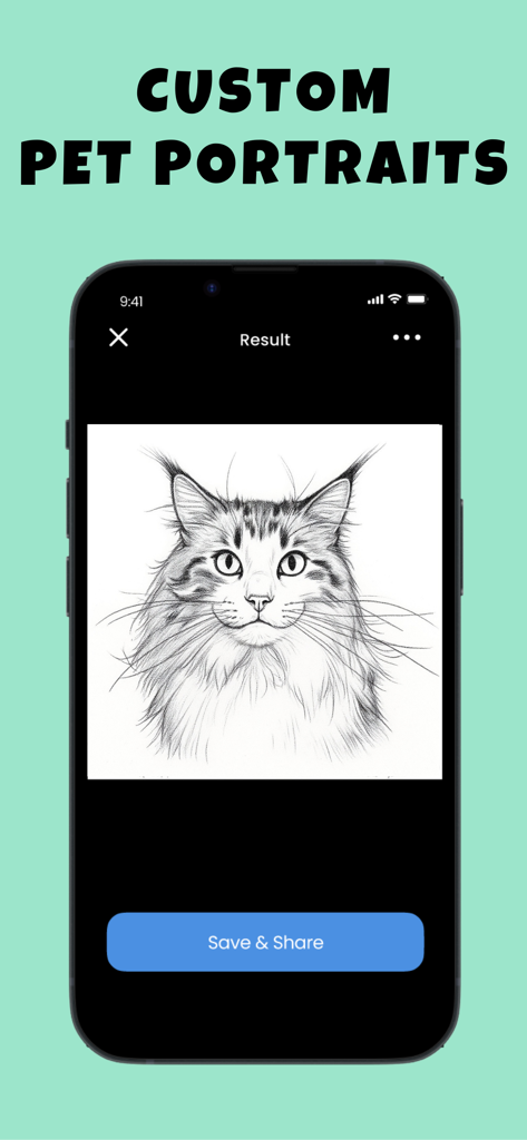 Petdraw: Pet Photo Art Editor - Uno schizzo a matita di un gatto mostrato come risultato nell'interfaccia dell'app Petdraw sotto l'intestazione Ritratti personalizzati di animali domestici.