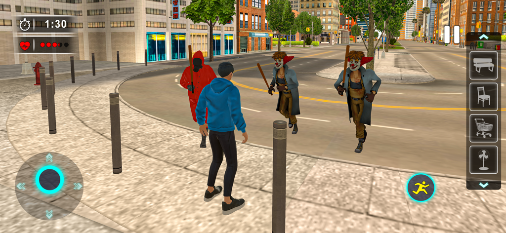 A character in a blue hoodie being chased by clowns and a masked hunter on a city street in the Prop Hunt Madness mobile game.