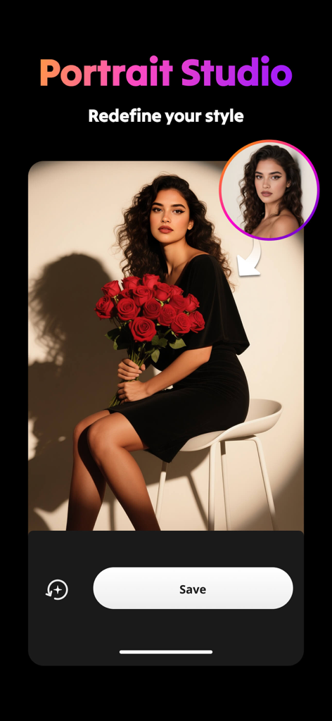 AI Video Generator : SelfyzAI - Un portrait professionnel généré par IA d'une femme tenant des roses rouges à l'aide du Studio Portrait de SelfyzAI