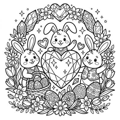 Discover the magic of Easter with this delightful coloring page featuring cute bunnies and sparkling crystal hearts. Surrounded by beautifully decorated eggs and spring blossoms, it's a perfect blend of festive cheer and creative fun.