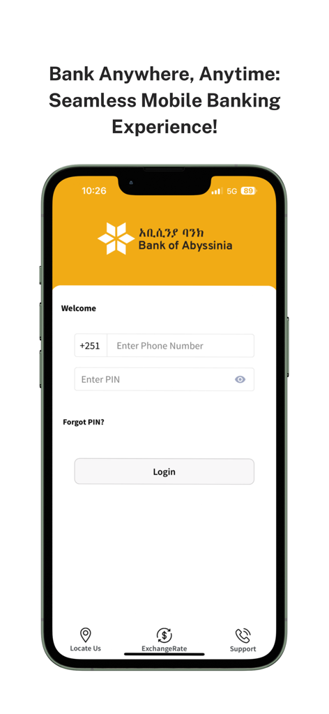 BoAMobile - Pantalla de inicio de sesión de la aplicación BoAMobile con el logo del Bank of Abyssinia y los campos de inicio de sesión.