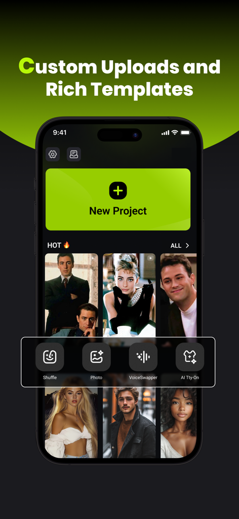 FaceSwapper: AI Face Swap - FaceSwapper app home screen featuring custom upload options and a library of AI face swap templates