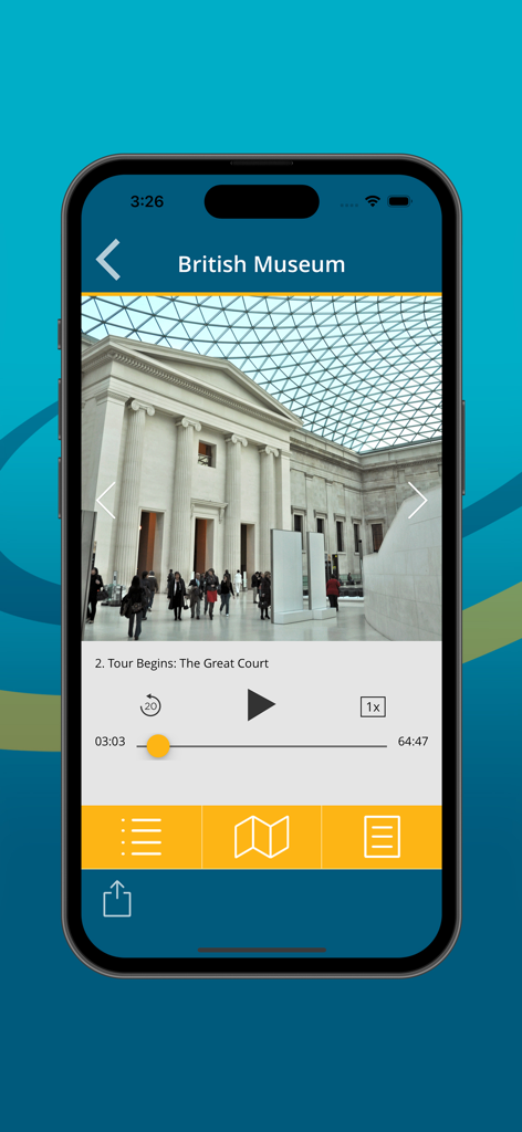 Rick Steves Audio Europe app interface showing a self guided audio tour of the British Museum Great Court.