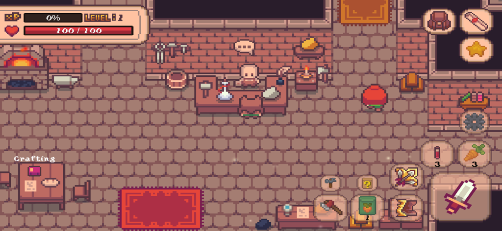 Megis Adventure - Eine Retro-Pixel-Art-Interieurszene in Megis Adventure, die einen Charakter in der Nähe einer Werkbank und einen NPC hinter einer Verkaufstheke zeigt