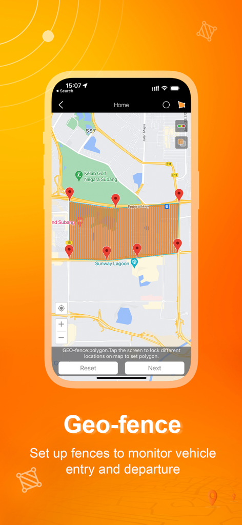Protrack GPS - Ein Screenshot der Protrack GPS App, der die Geofence-Einrichtungsbildschirm auf einer Karte zur Überwachung der Fahrzeug ein- und Ausfahrt zeigt