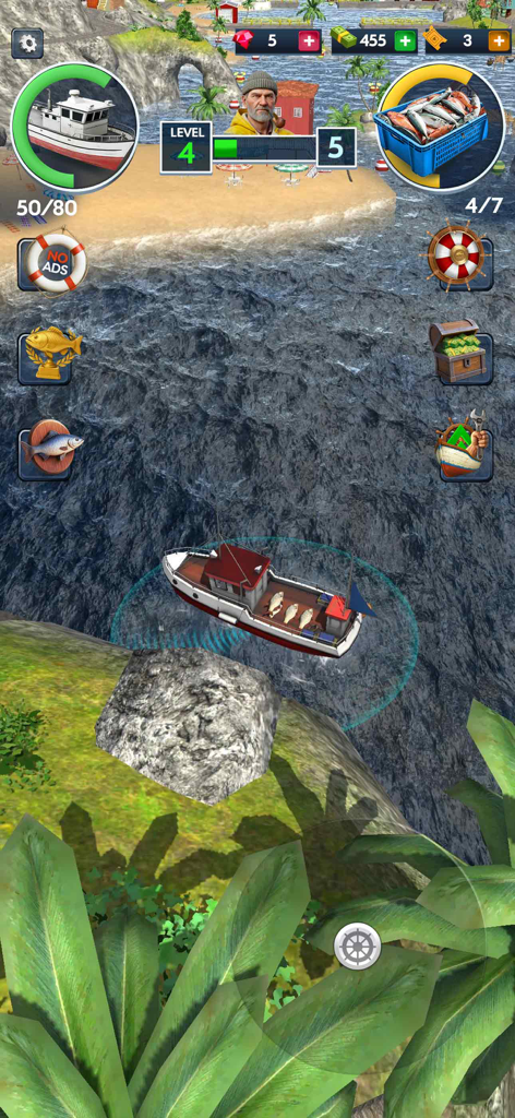Un barco de pesca con una captura de peces en el juego Open Sea Fishing Simulator.