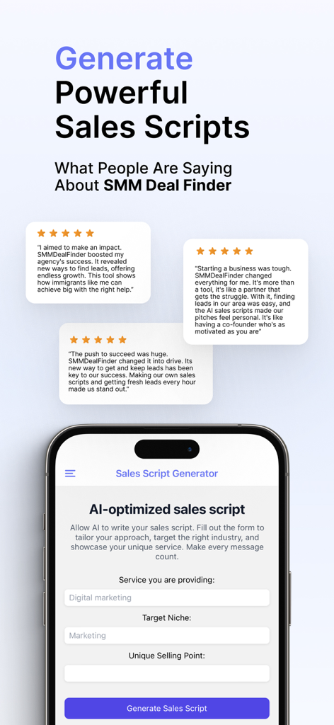 SMM Deal Finder - AI sales script generator and customer testimonials for SMM Deal Finder app