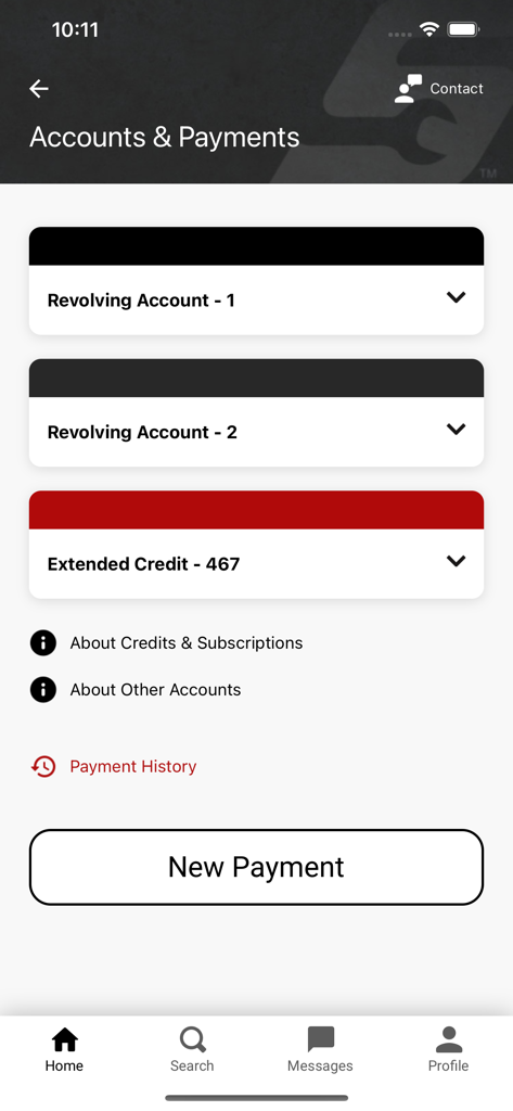 Snap-on - Snap-on Connectアプリのアカウントと支払い画面。回転アカウントと新しい支払いボタンが表示されています。