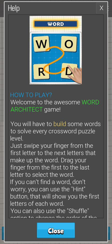 Word Architect - Word Architect의 지침 화면. 플레이 방법과 단어 구성 방법을 설명합니다.