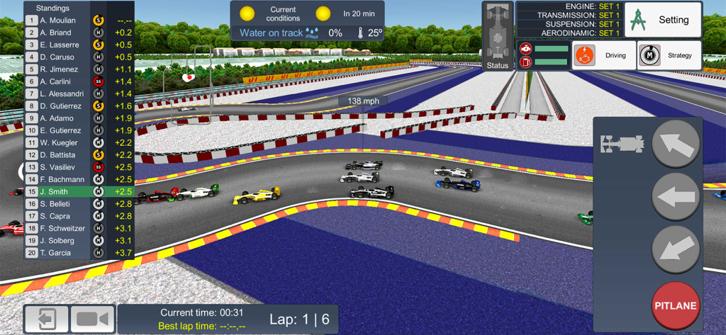 Race Master Manager - Race Master Manager gameplay showing a top-down view of formula cars racing on a track with a detailed management interface and leaderboard.