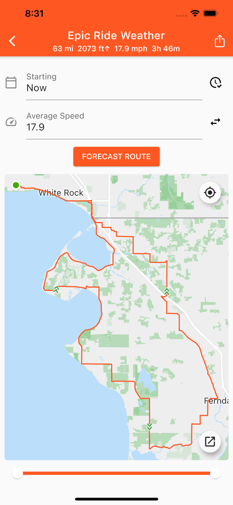 Epic Ride Weather - Cycling route overview in Epic Ride Weather app with map and forecast options