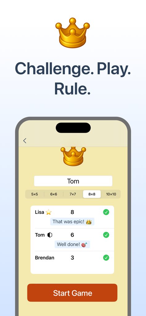 Queens Battle - Multiplayer lobby in Queens Battle app showing player scores and a start game button.