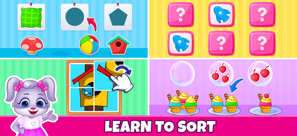 Toddler & Preschool Kids Games - Four colorful educational activities for toddlers including shape matching, memory games, puzzles, and item sorting