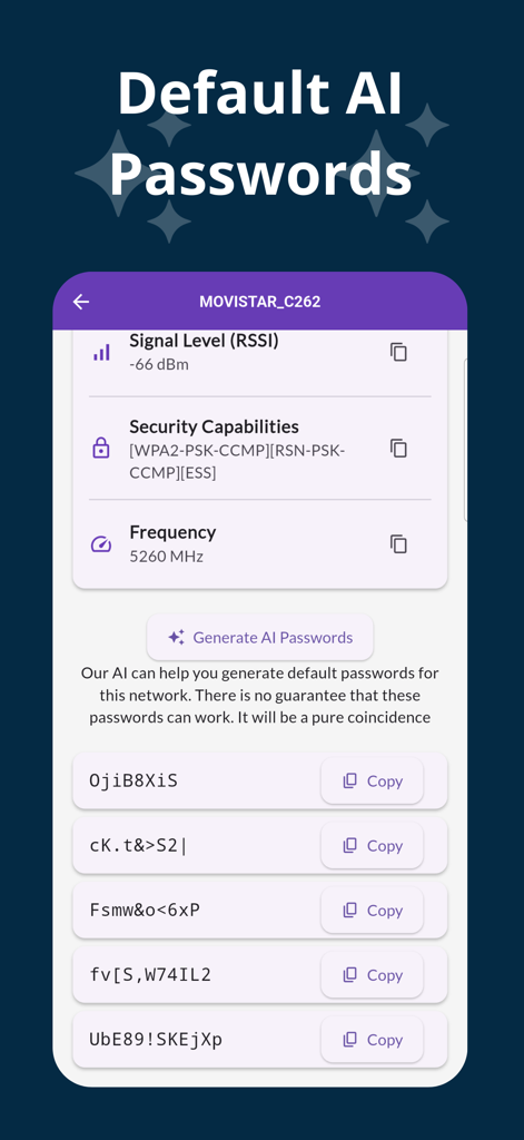 Wifi Password Automatic - Screenshot of the Wifi Password Automatic app displaying AI-generated default passwords and network details for a Wi-Fi connection.