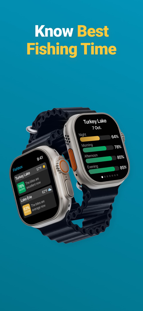 Apple Watch zeigt die Fishbox-App mit Angelfisch-Vorhersagen für den Turkey Lake.