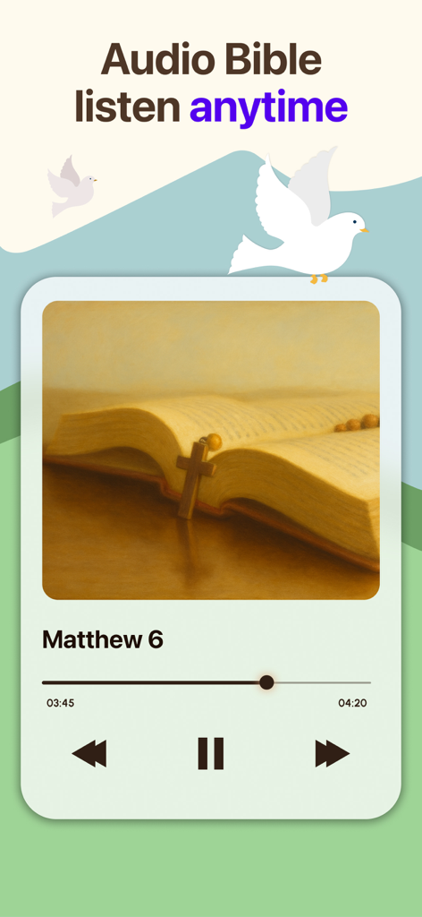 Biblical: Bible Chat & Widget - Audio Bible player interface in the Biblical app showing Matthew 6 with an open Bible and dove illustration