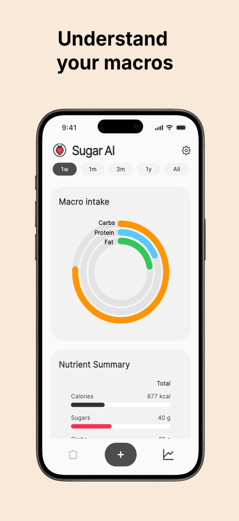 Sugar Ai app dashboard showing macro intake and nutrient summary