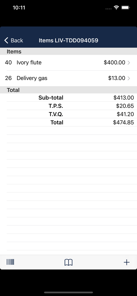 Bildschirm der Intelcom Driver App mit einer Liste von Lieferartikeln, einschließlich einer detaillierten Aufschlüsselung der Kosten und kanadischen Umsatzsteuern