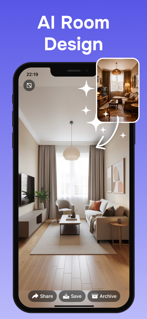 AI Room Design : Home Planner - La aplicación AI Room Design muestra una transformación de diseño de interiores de una sala de estar antes y después.