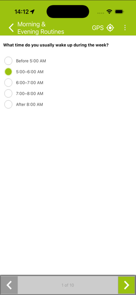SurveyToGo New - Interfaz de la aplicación SurveyToGo New que muestra una pregunta de encuesta de opción múltiple para investigación de campo