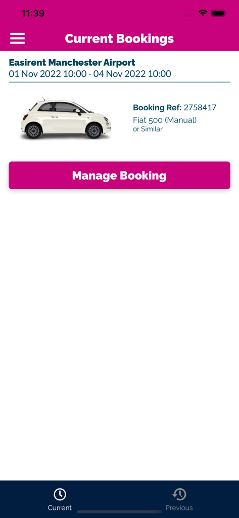 맨체스터 공항 자동차 렌탈에 대한 현재 예약 세부 정보와 예약 관리 버튼을 표시하는 Drivalia UK 앱 인터페이스