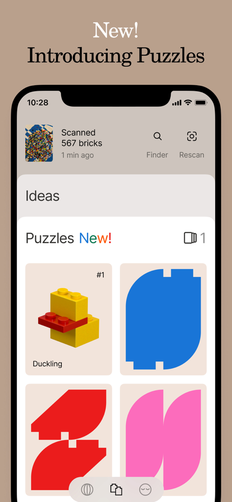 Brickit App interface showcasing the new Puzzles feature with building ideas for scanned bricks