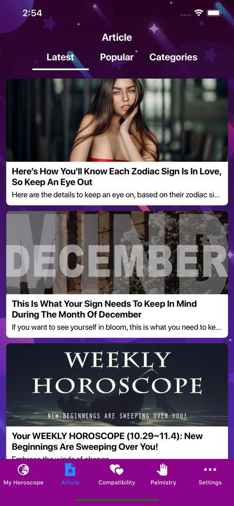 Artikel-Feed in der Horoskop 2020 App mit Sternzeichen-Liebesratschlägen und wöchentlichen Vorhersagen