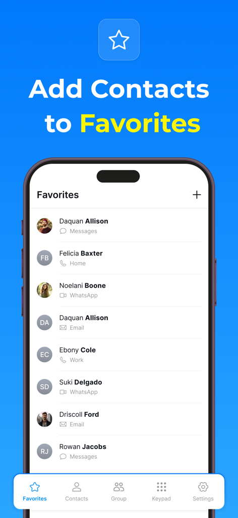 Contacts - Phone Dialer - Screenshot of the favorites list in the Contacts Phone Dialer app showcasing quick access to saved contacts
