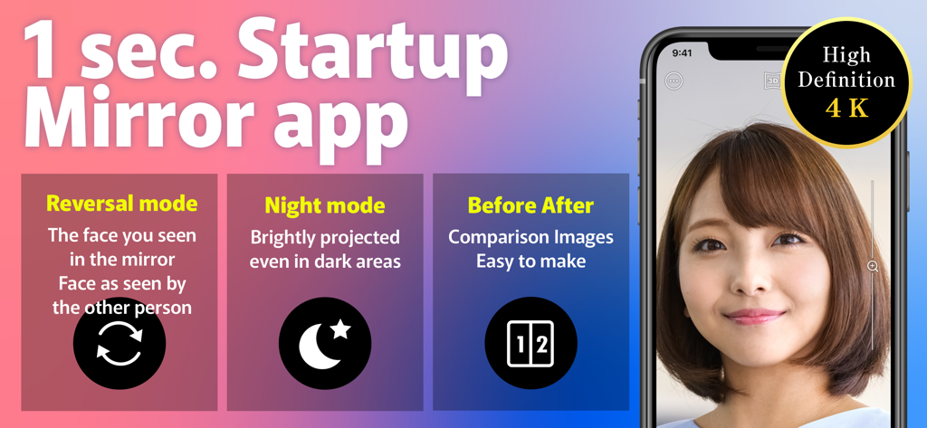 Mirror&BeforeAfter-BA mirror - Mirror app interface highlighting 4K high definition quality with reversal mode night mode and before after comparison features