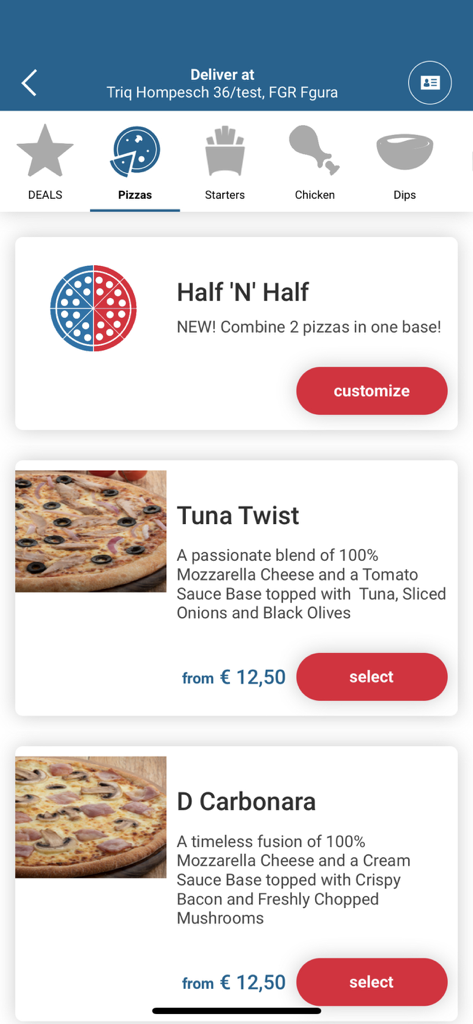 Domino's Malta app interface displaying the pizza menu with various options like Tuna Twist and D Carbonara