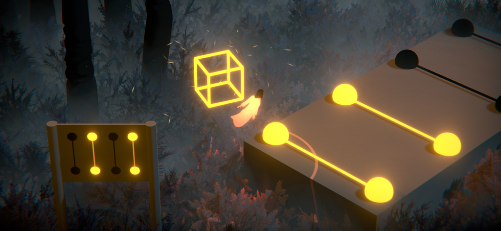 The Forest Quartet - A glowing spirit interacts with luminous musical puzzle elements in a dark forest