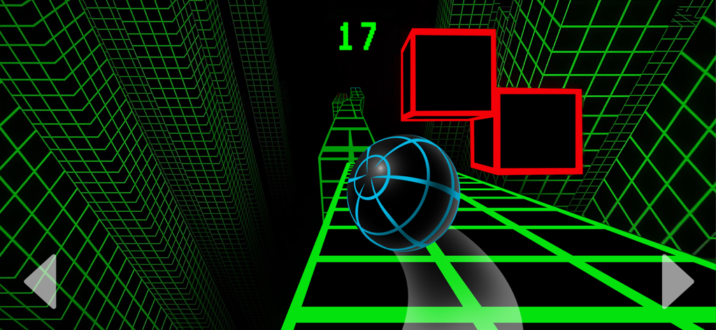 A black ball rolling on a neon green grid track avoiding red square obstacles in Slope Game