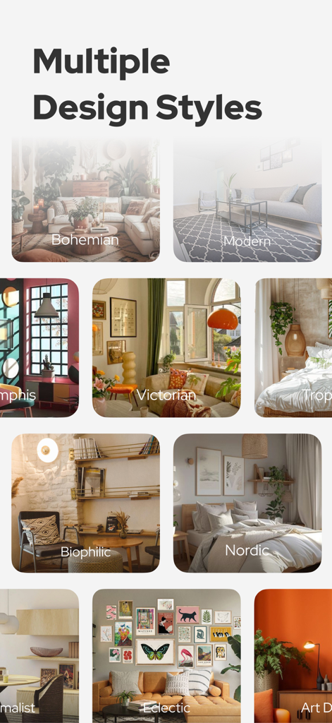 AI Interior Design-Home Decor - A collage showing different interior design styles like Bohemian Modern Victorian and Nordic in the AI House Remodel app