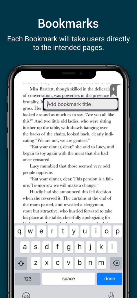 Willo Labs Mobile Reader - Smartphone screen showing the bookmarks feature in the Willo Labs Mobile Reader app