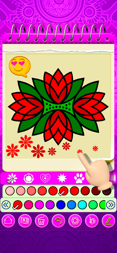 Mandala Coloring 2024 - Digital coloring book interface showing a red and green floral mandala design with a color palette and stamp tools.