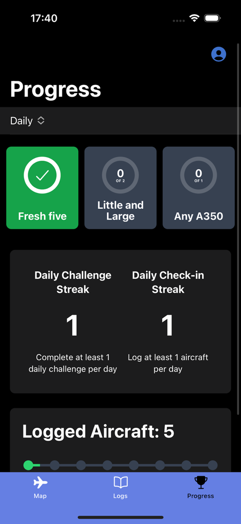 Fleetlog - Tela de progresso do aplicativo Fleetlog mostrando desafios diários de observação de aeronaves e sequências