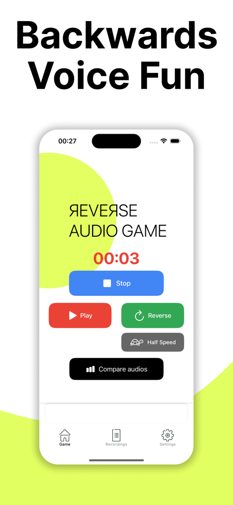 Reverse Audio Game - Tela principal do Jogo de Áudio Reverso mostrando controles de reprodução e gravação em um smartphone