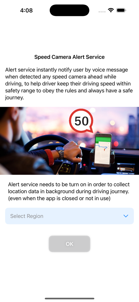 Speed Camera Detector - Pantalla de configuración de la aplicación Detector de Radares mostrando alertas de límite de velocidad y selección de región