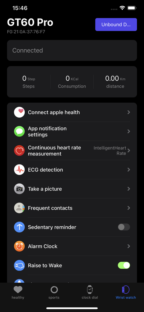 FunDo Health - FunDo Healthアプリのダッシュボードには、歩数、Apple Health同期、心拍数モニタリングなどのデバイス機能を含む接続されたGT60 Proスマートウォッチの設定が表示されています。