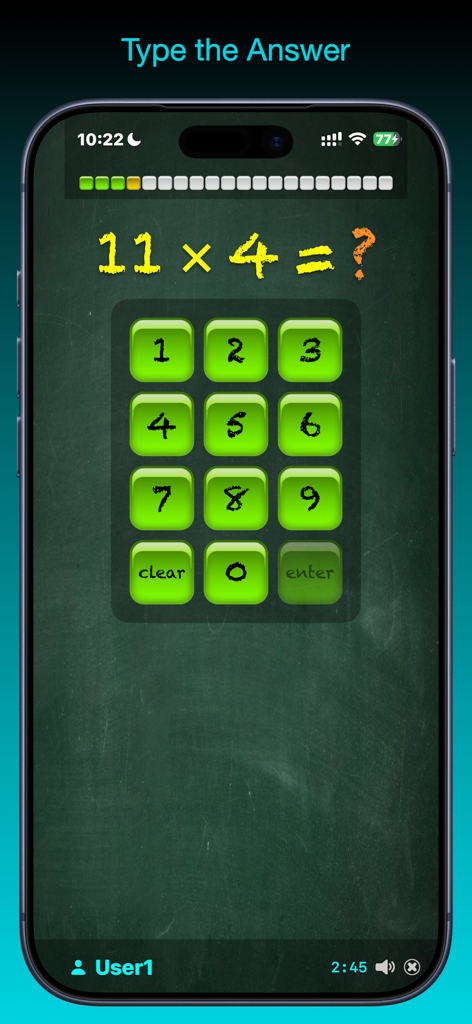 TimesX Times Tables Tester - Multiplication quiz interface showing 11 times 4 on a chalkboard with a number pad