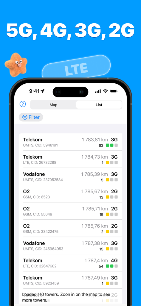 Cell Tower Locator 5G Finder - A list of nearby cell towers showing carrier names, distances, and network types on a mobile app interface.