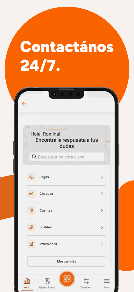 Pantalla de soporte 24/7 de Galicia Office Empresas con buscador de ayuda y categorias de pagos y cheques