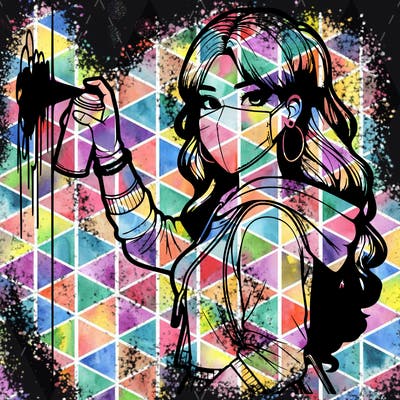 realistic girl with mask spray painting a wall