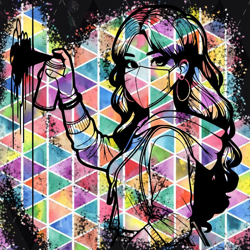 realistic girl with mask spray painting a wall