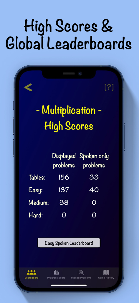 Mental Math Cards Games & Tips - Multiplication high scores and global leaderboard screen in the Mental Math Cards app