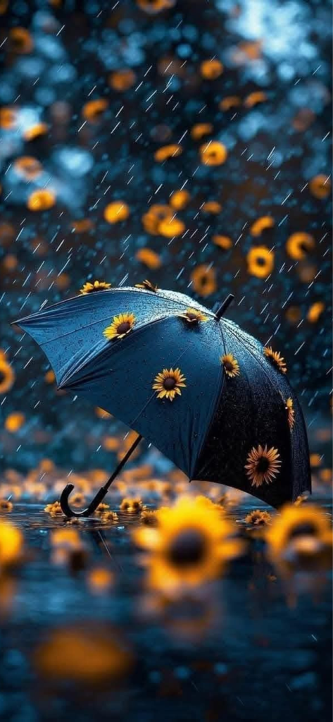 Guarda-chuva escuro estético decorado com girassóis na chuva com um fundo embaçado