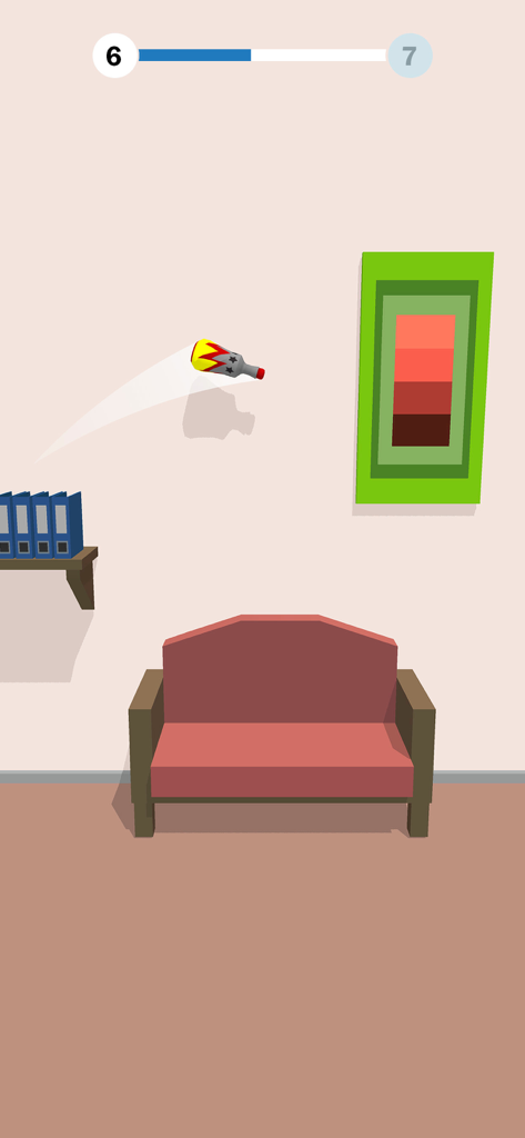 A bottle mid-air flipping from a shelf towards a red sofa in Bottle Flip 3D