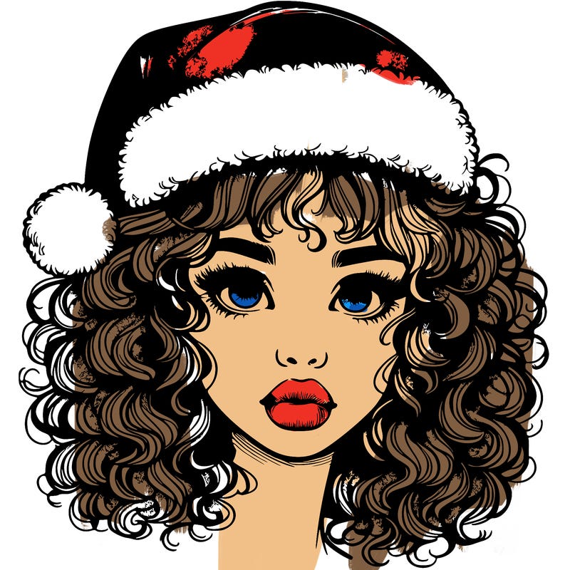 realistic girl with a santa hat curly hair and lips